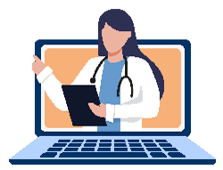 Graphic of a female doctor on a screen, representing telehealth.